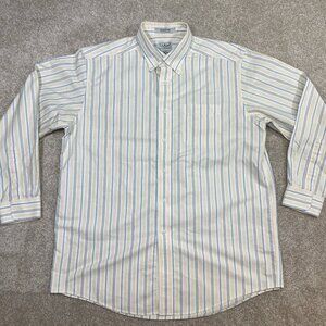 LL Bean Mens Wrinkle Free Trad Fit 16-33 Blue Yellow Striped Oxford Button Down